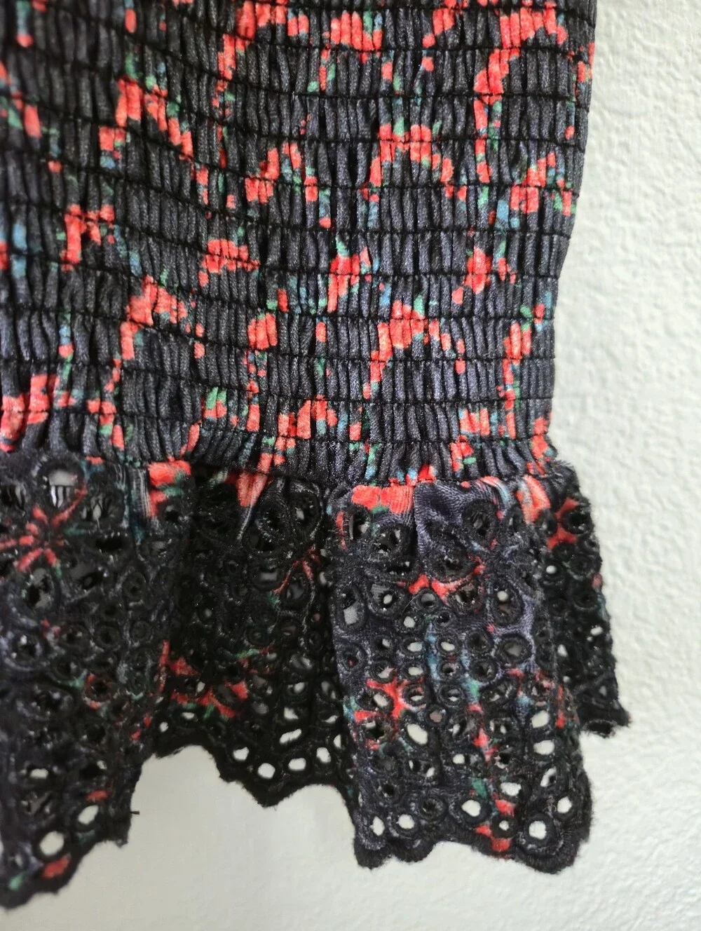 Free People McKenna V Neck Smocked Black & Red Velvet Bodycon Maxi Black Medium